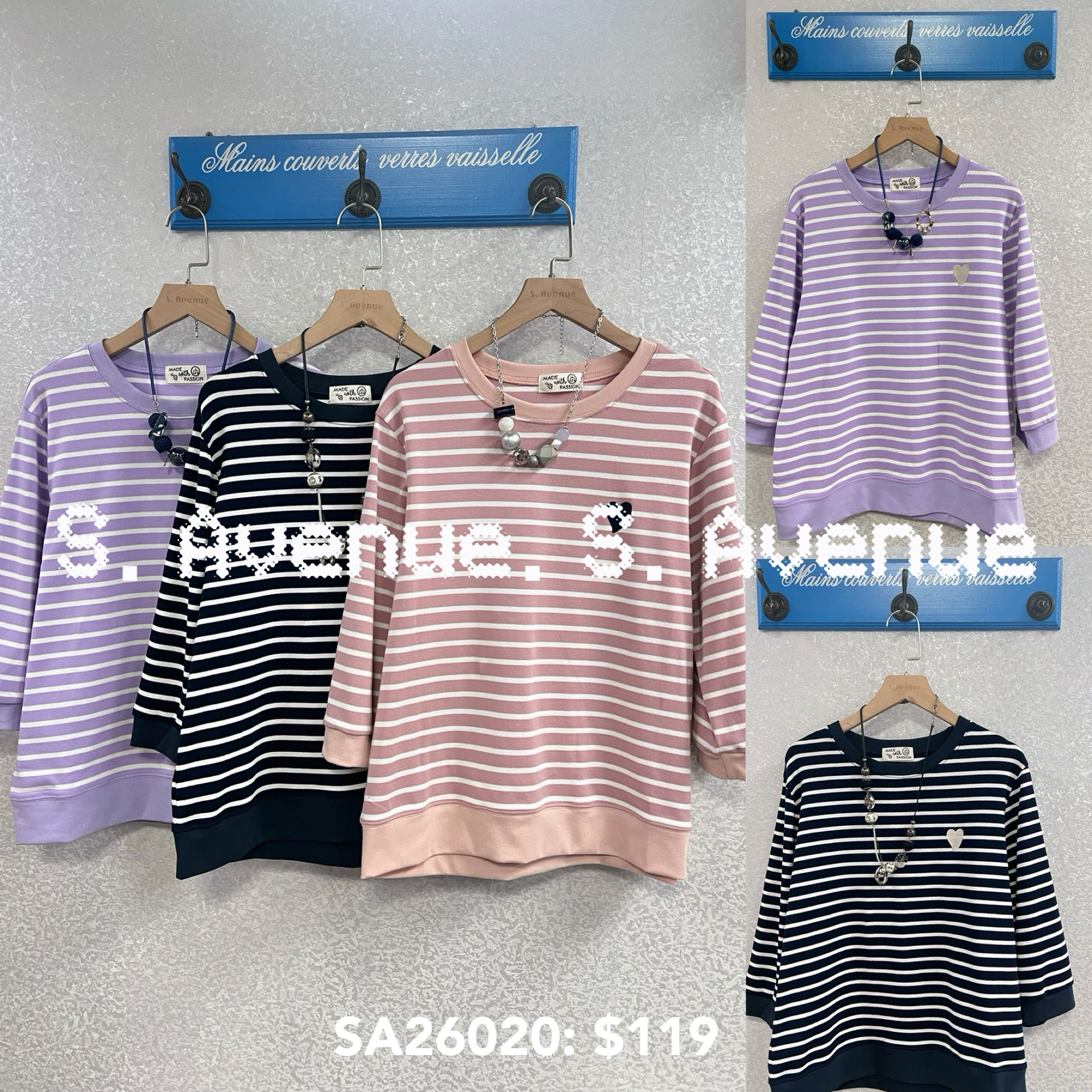 SA26020: 中袖間條繡心心tee