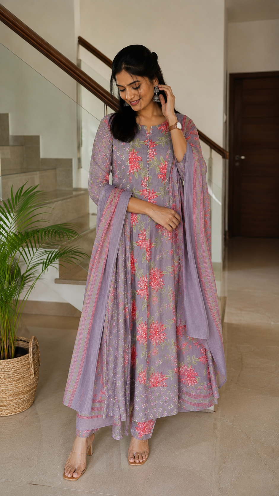 Lilac flower print Anarkali Kurta Set