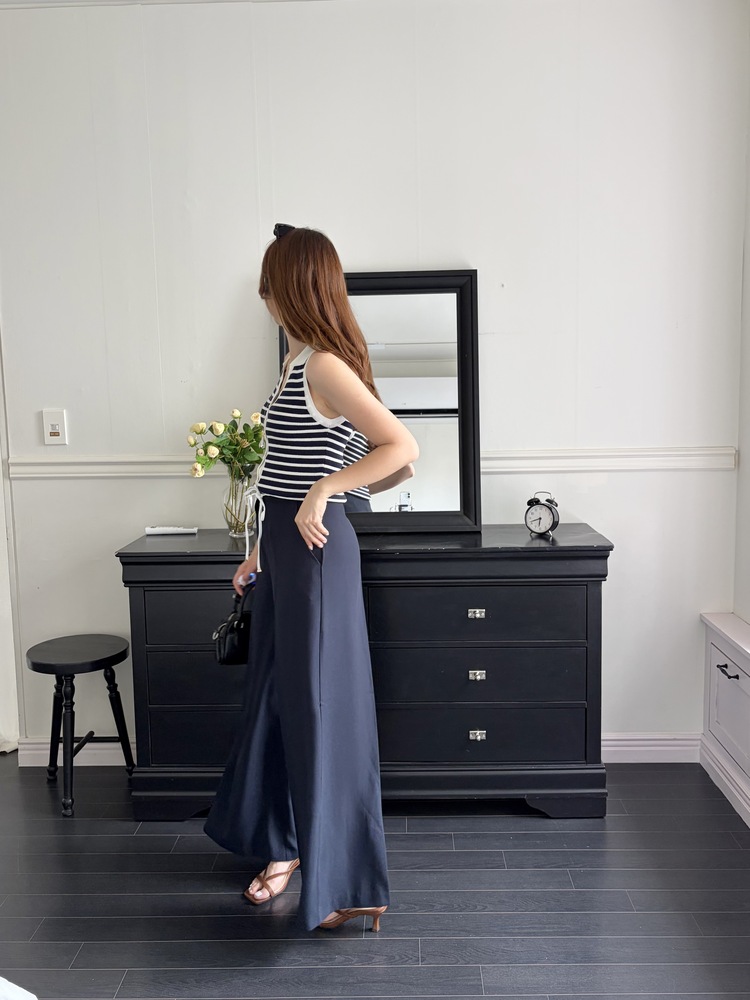 [超涼!!] Contrast Belt Wide Leg Slacks (Navy)