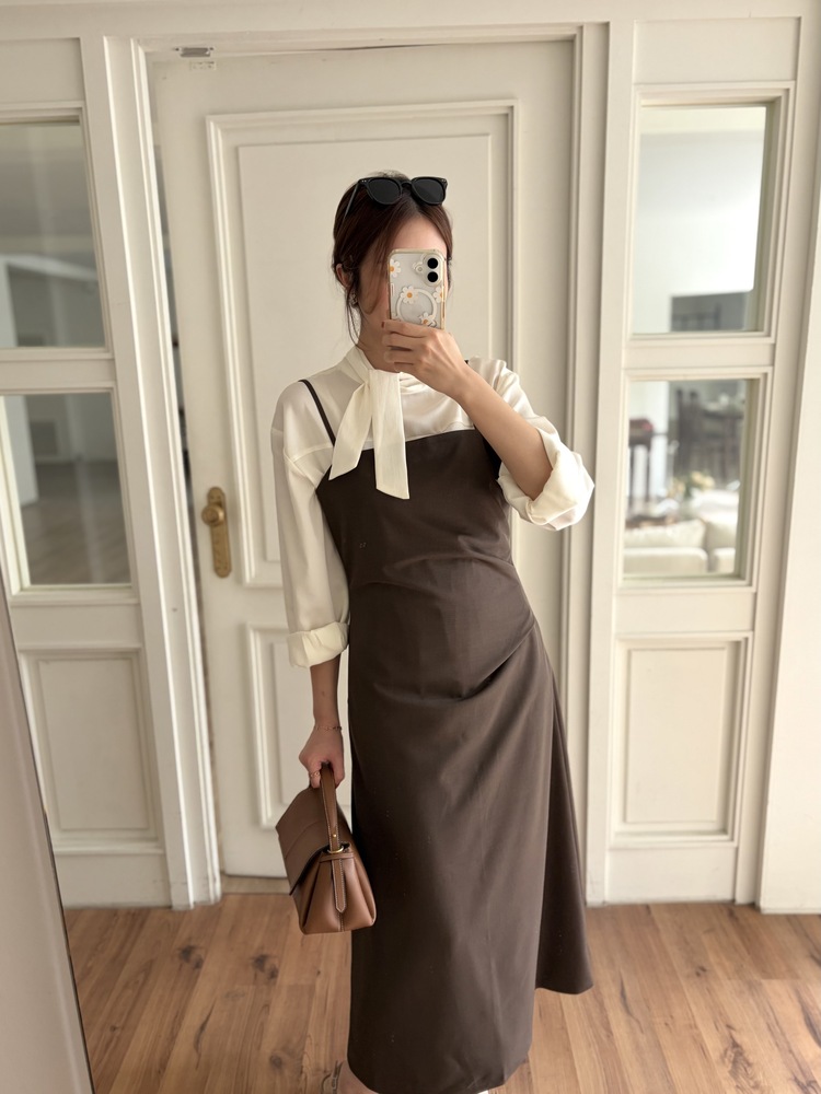 Gathered Adjustable Cami Dress (Brown)