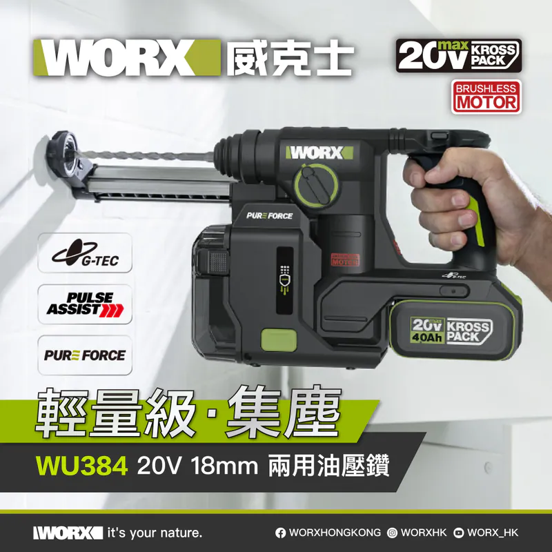 WORX WU384 20V 18mm 兩用油壓鑽 可配置集塵盒 (5.0Ah電x2+6A充電器)