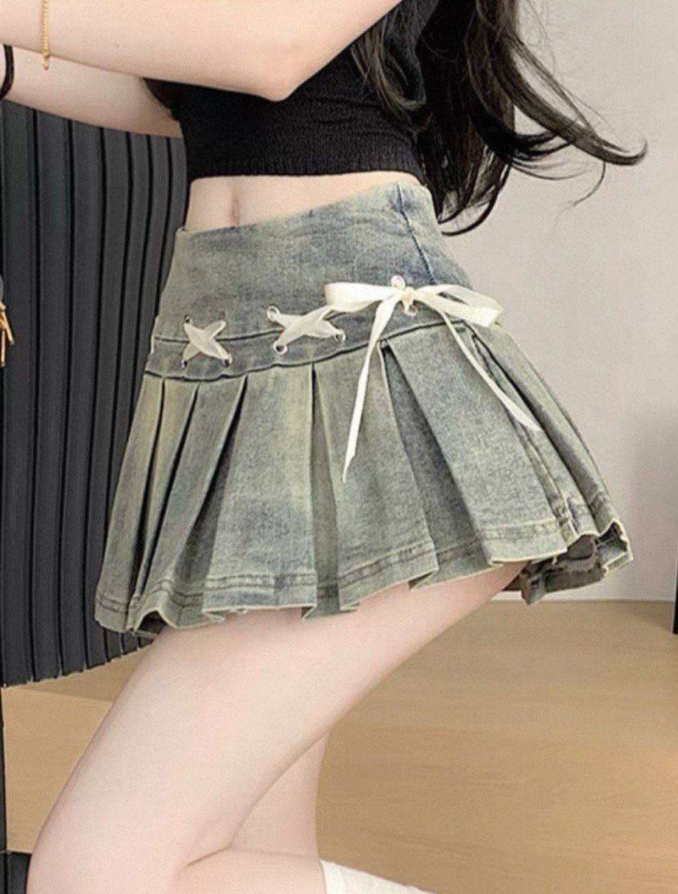 美式复古辣妹牛仔裙 Lace-Up Denum Pleated Mini Skirt