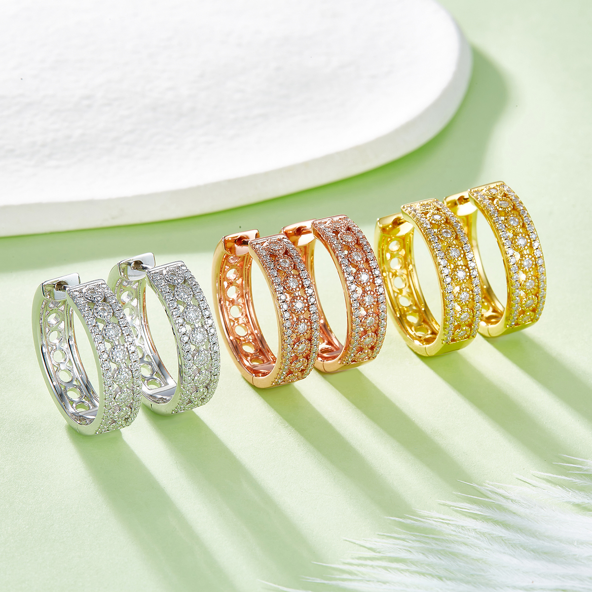 三排對半耳環S925銀電鍍18K白金莫桑鑽D級0.74CT