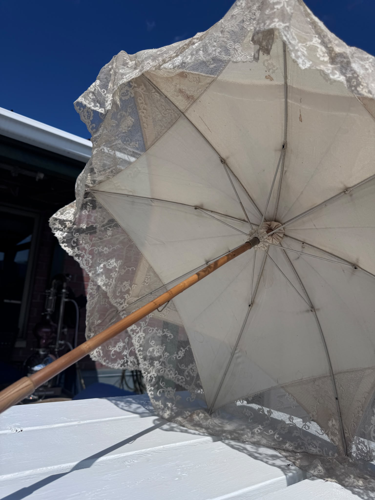 Antique Late Victorian/ Edwardian Lace Parasol with Carved Wooden Handle, c. 1890–1915 (MT2617)