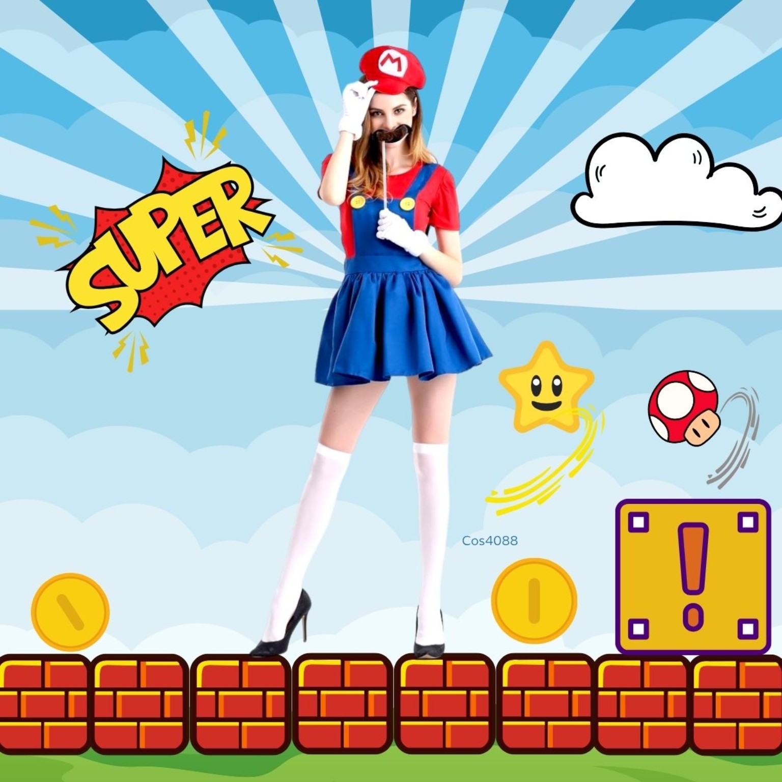 超級瑪利歐Mario女裝短連身裙帽子手套5件套可配家庭情侶裝 香港現貨Lets Cosplay Cos4088