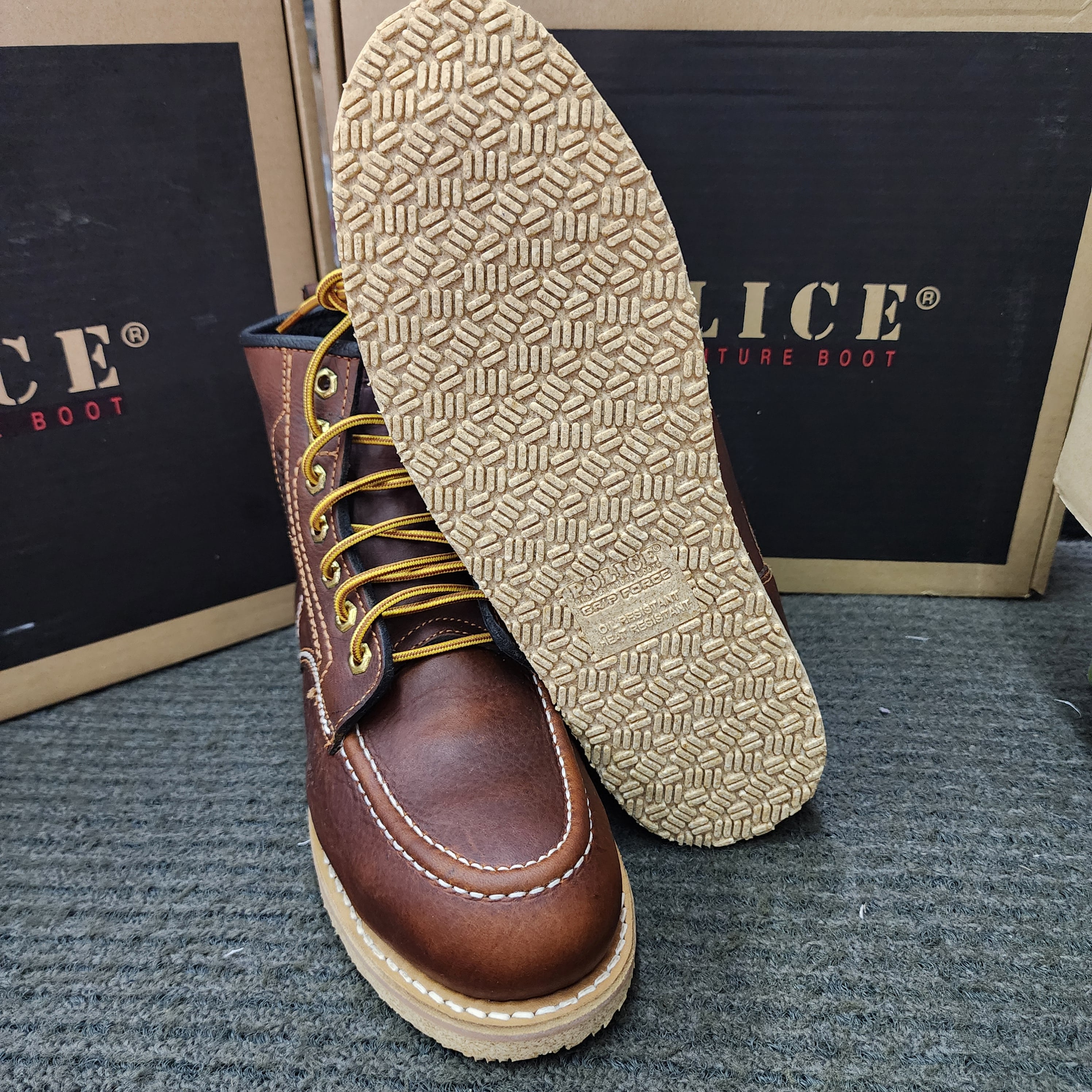 POLICE SAFETY 93597 Zip 93603 Lace Up Mid Cut Leather Safety Shoes Brown Kasut Keselamatan