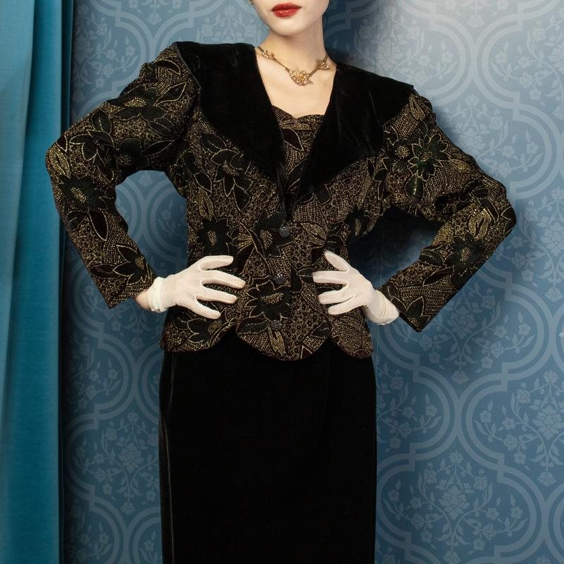 c.a. 1980s Designer Scott McClintock Glittering Floral Pattern Velvet Jacket/Top(MT484)