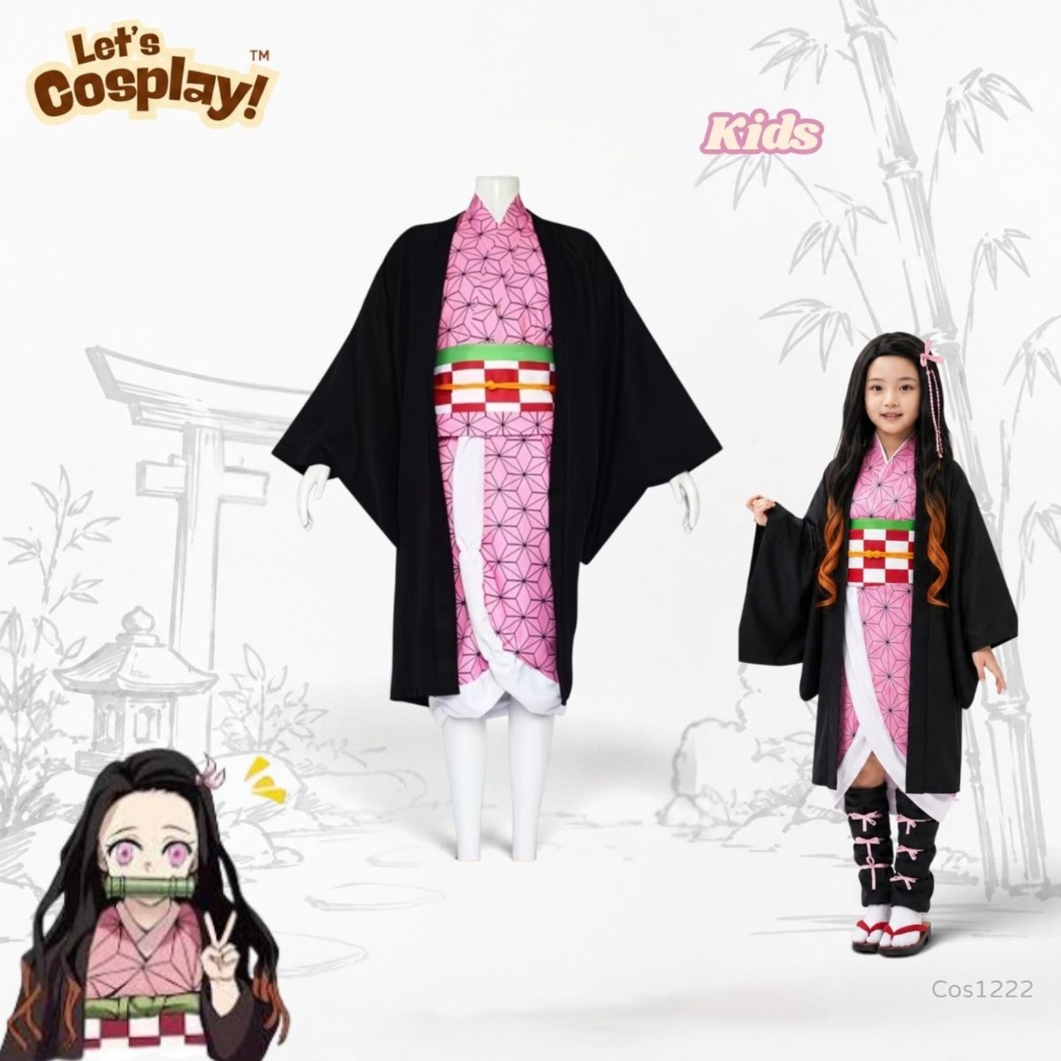 鬼滅之刃禰豆子主題兒童服裝 粉紅和服 Kids Nezuko Costume 角色扮演