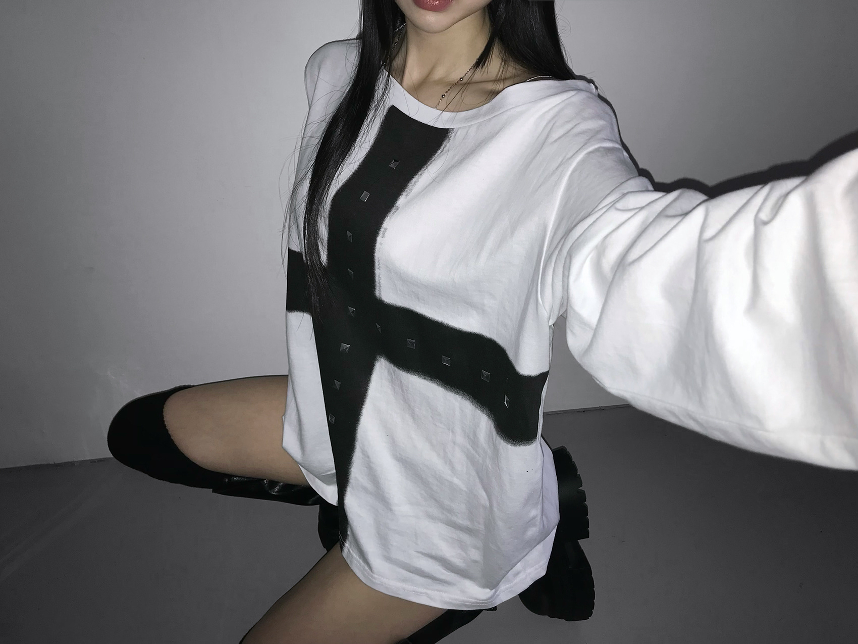 Off-Shoulder Cross Print Studded Long Sleeve