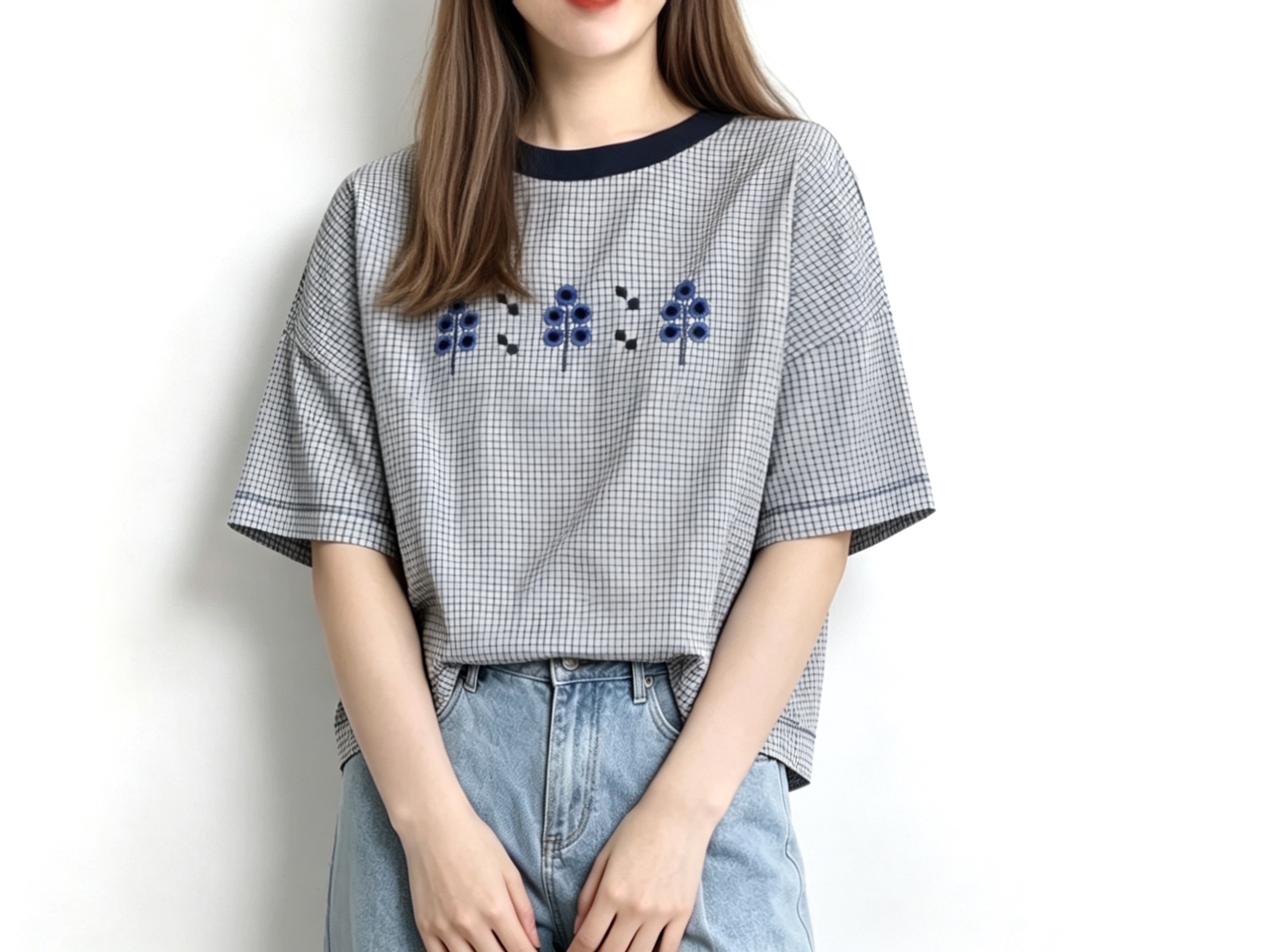 🌼春夏優惠🍀 日系刺繡花Tee - 格子