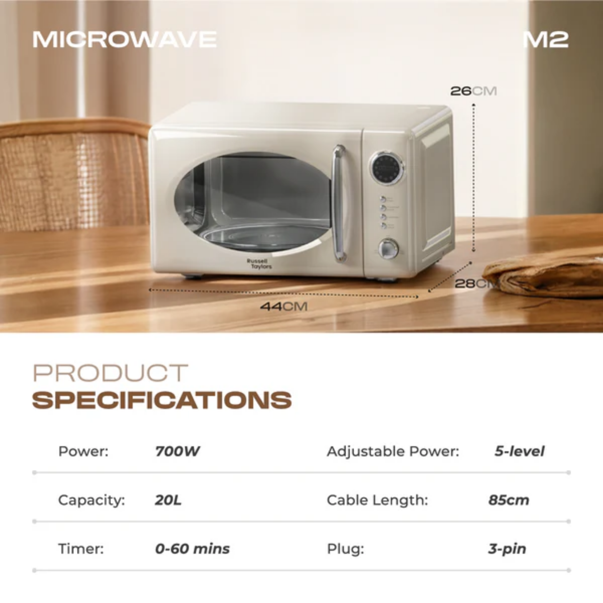 Russell Taylors 20L Retro Microwave Oven Cream (M2)