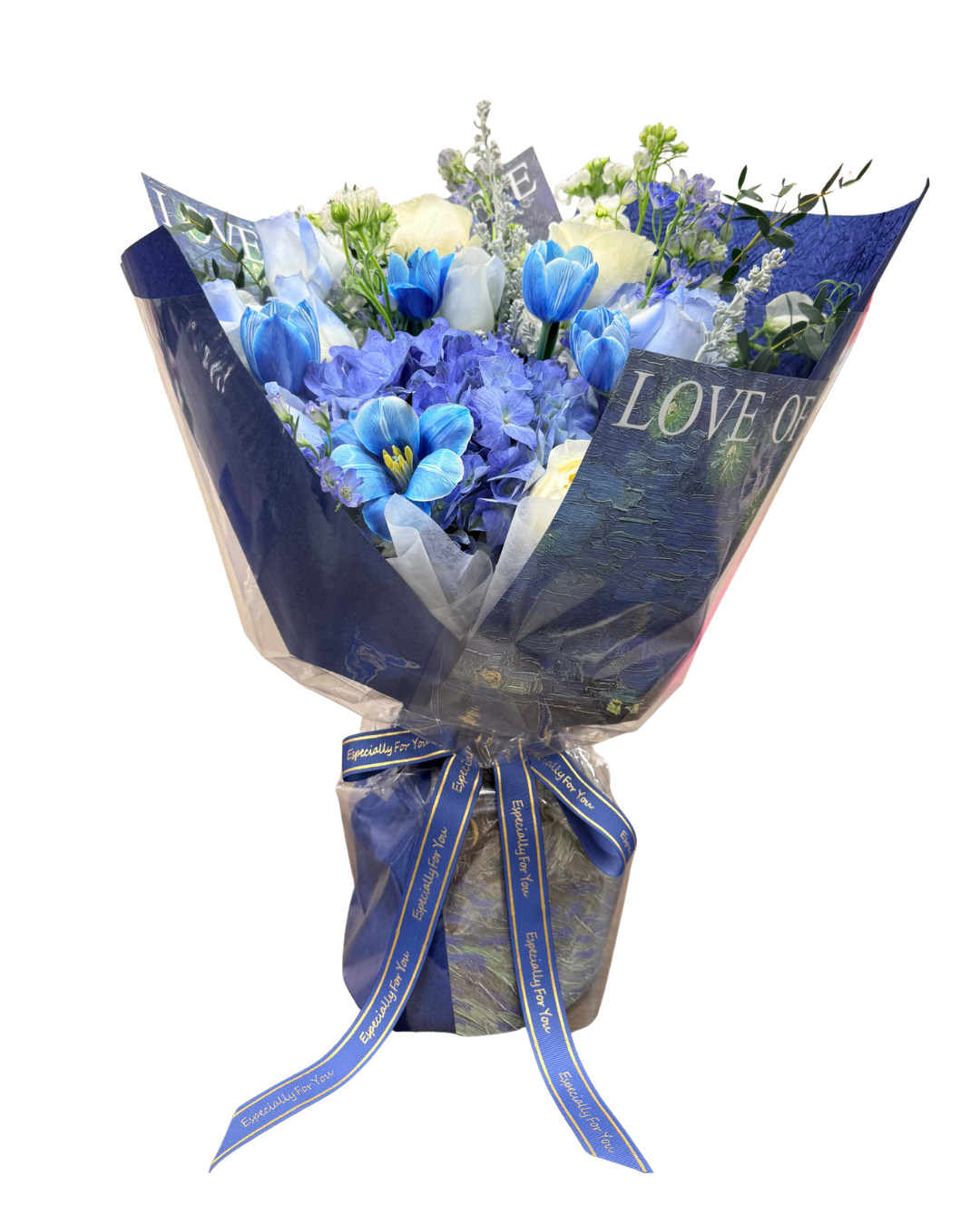 藍色鬱金香繡球花束 