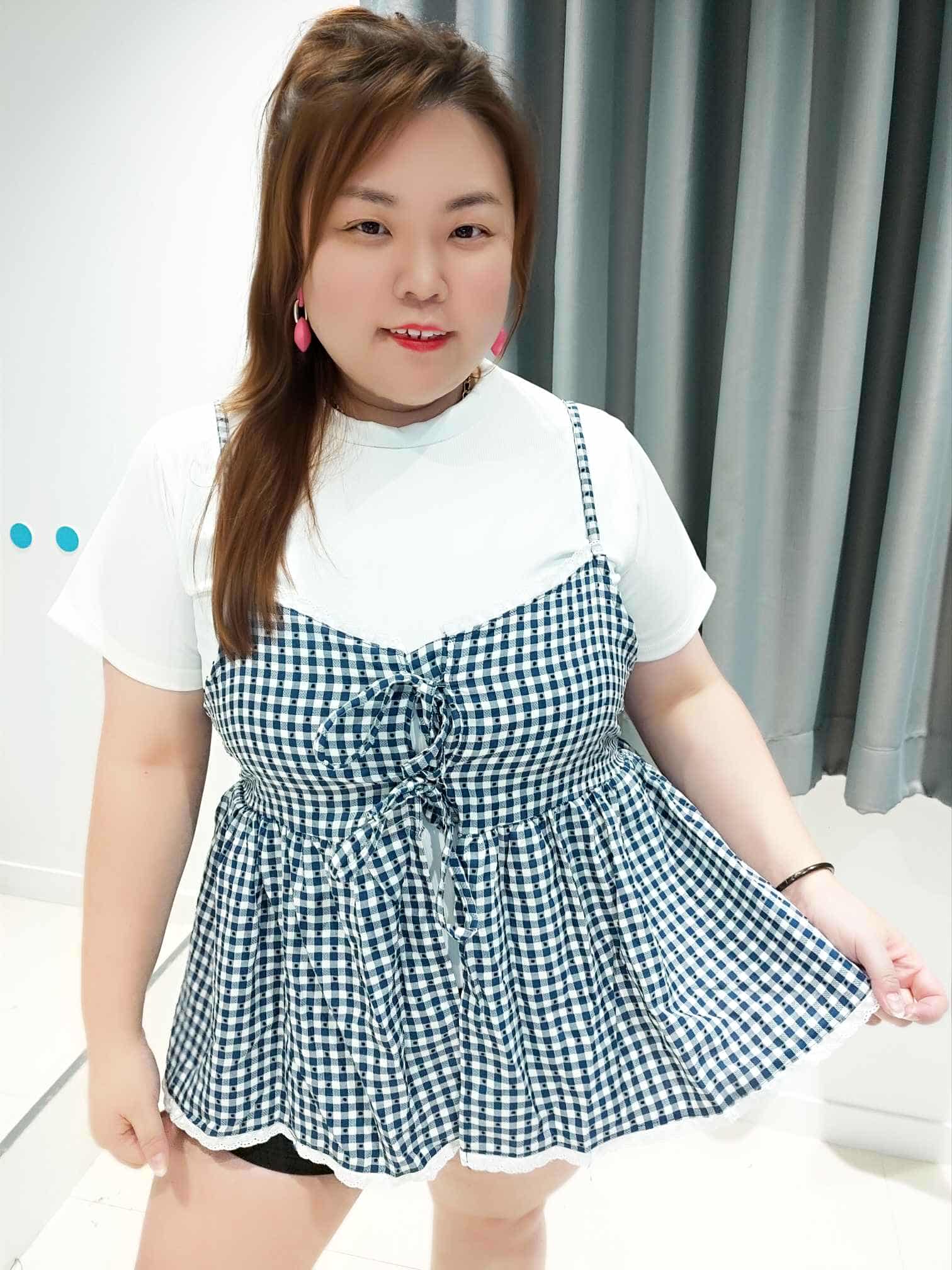 DSB12 绑带格子可调节肩带设计两件套上衣