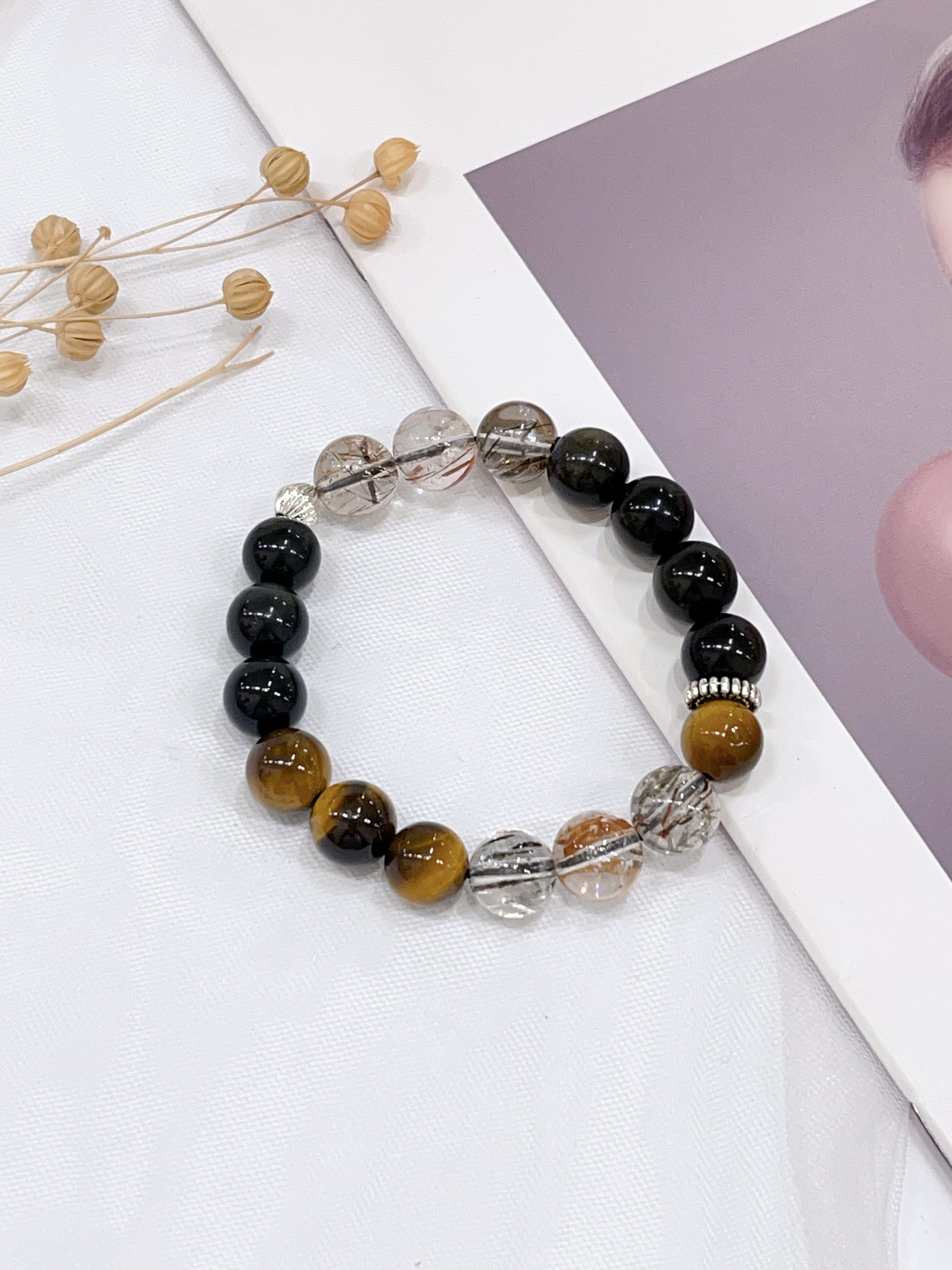 🐯 黄虎眼 × 金曜石 × 黑发晶手串 Yellow Tiger Eye, Gold Obsidian & Black Rutilated Quartz | 10mm