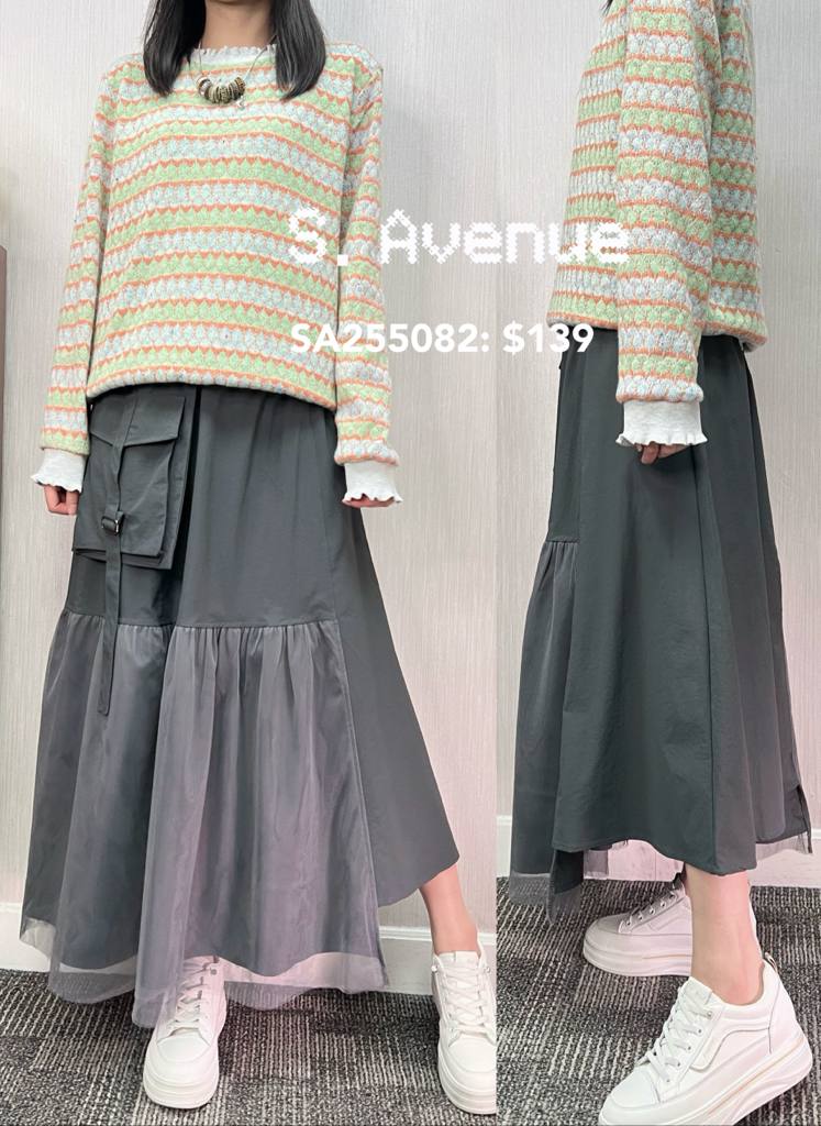 SA255082: 橡筋腰側拼紗拼軍袋不規則長裙