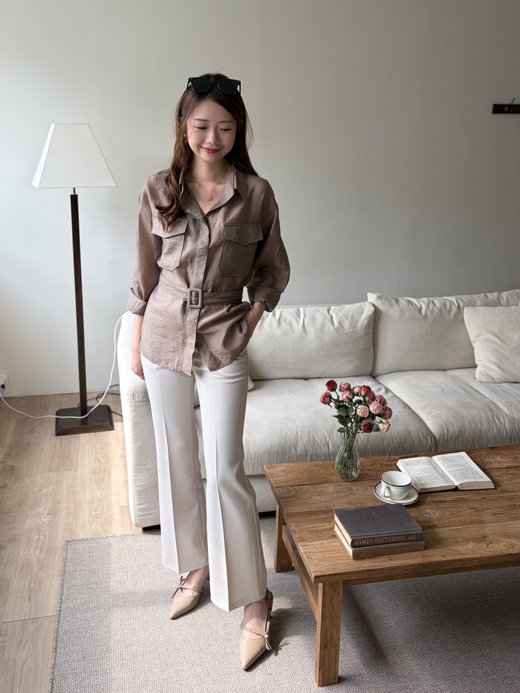 Feminine Belted Pocket Blouse (Brown)
