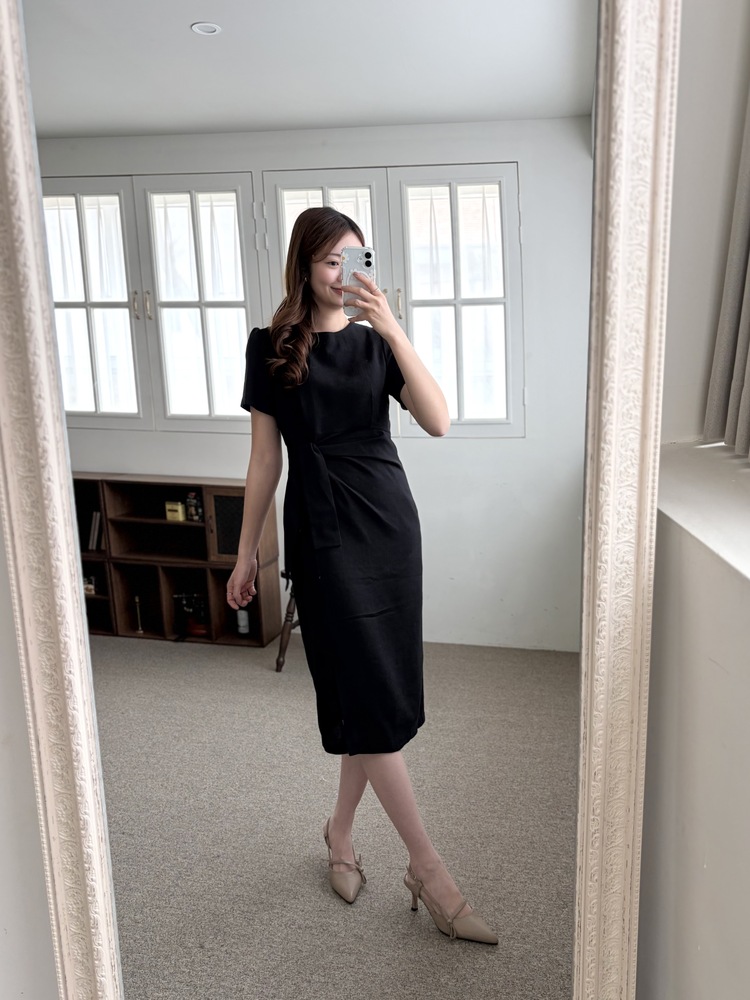 Elise Draped Slit Dress (Black)