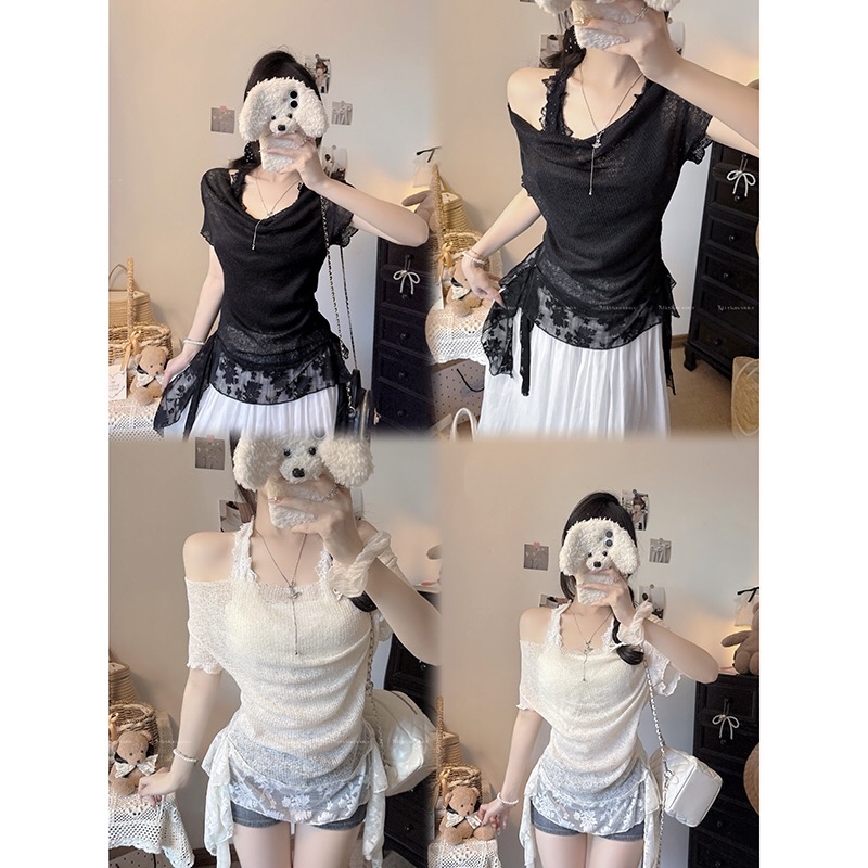 B162(9911) 法式甜美风全蕾丝挂脖设计感假两件飘带边黑杏上衣