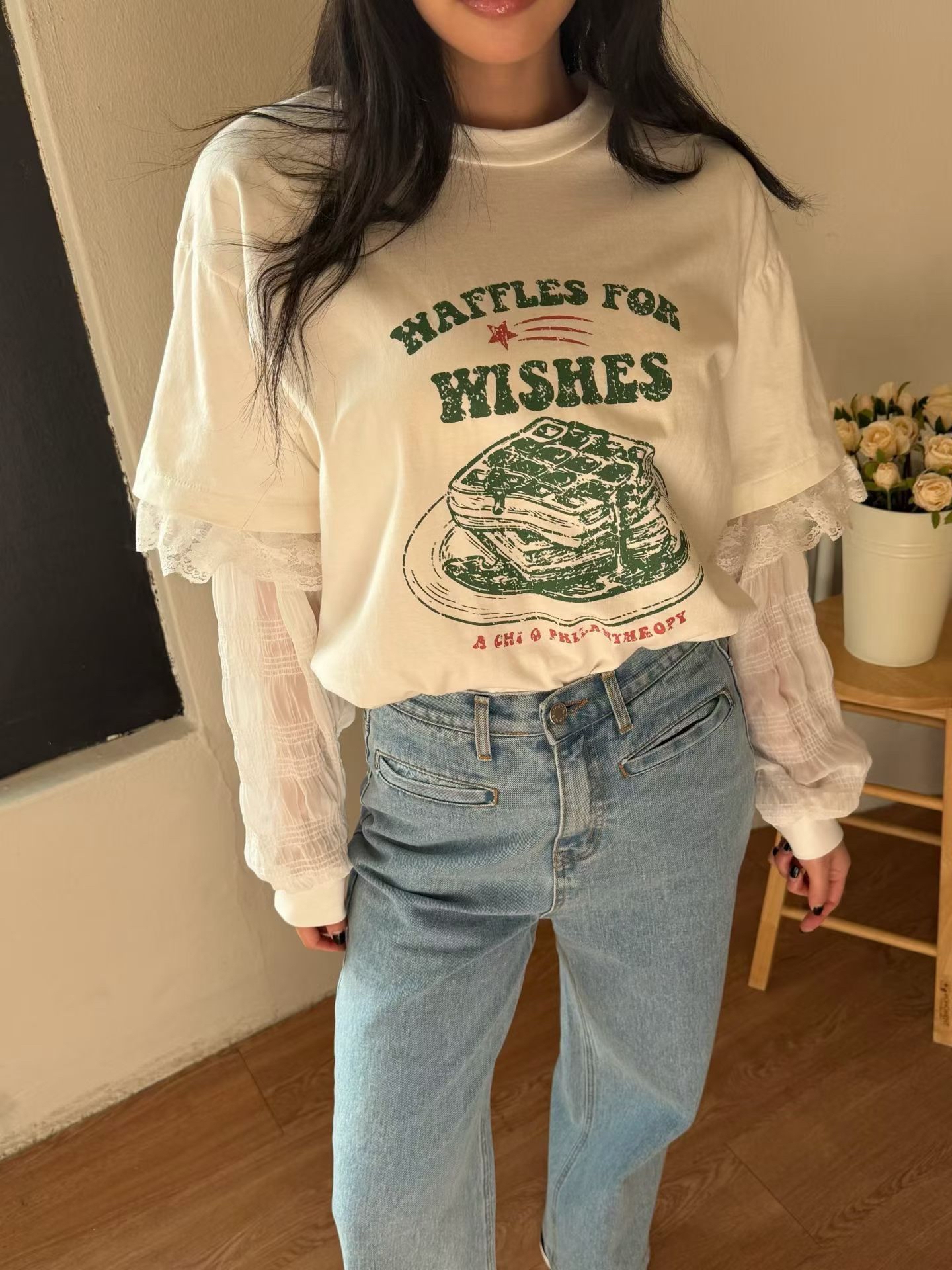 假2 件雪紡lace 袖Top