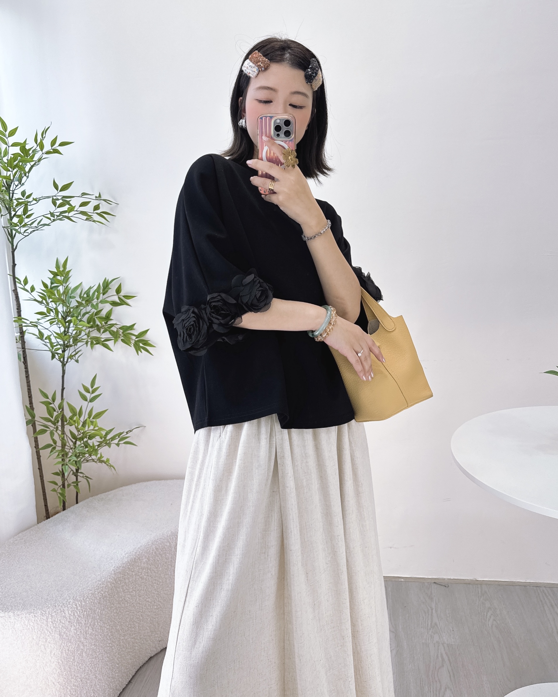 滑嘟嘟太空棉玫瑰花七分袖上衣 3色