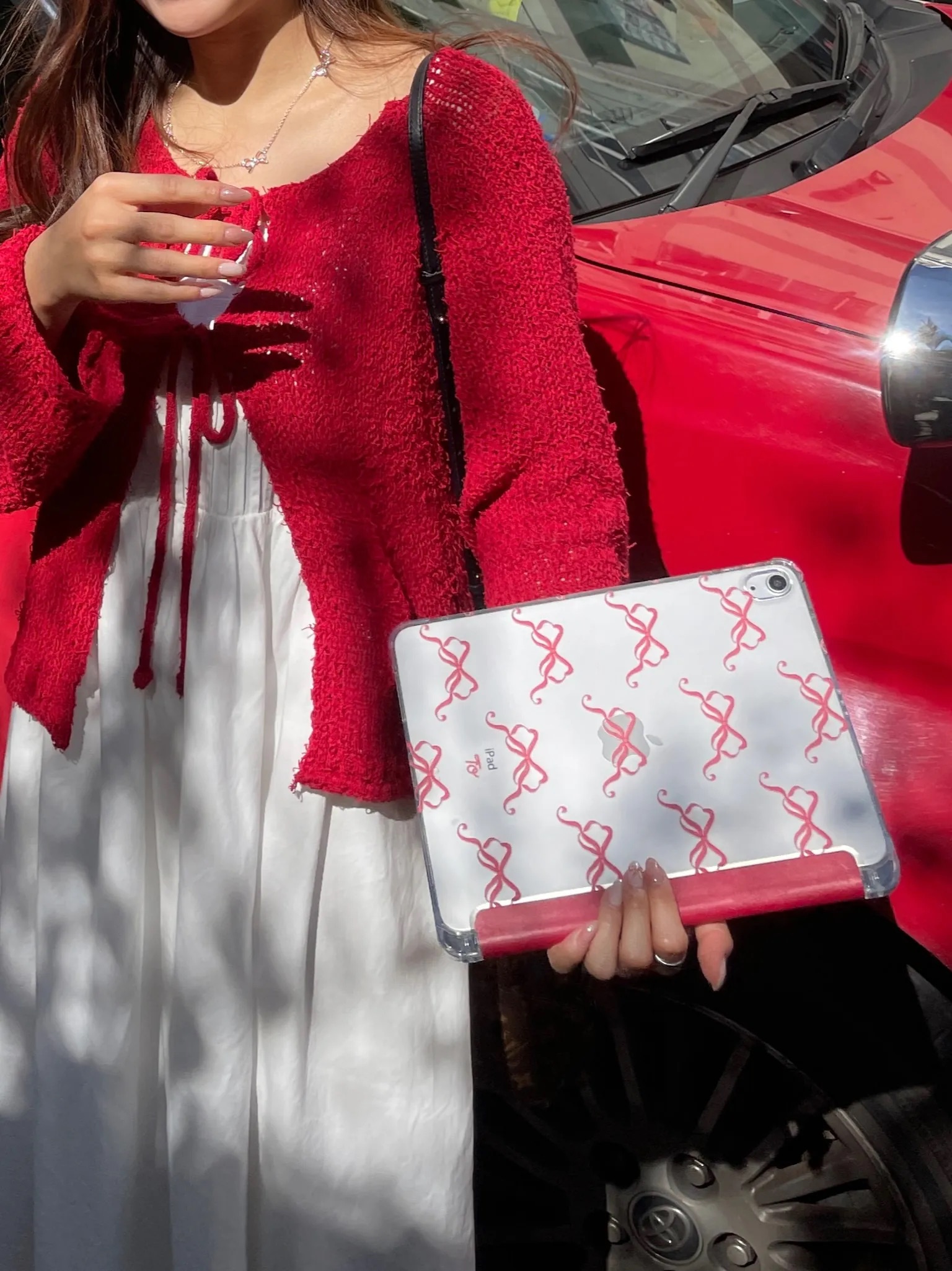 【Burgundy Ribbons in Full Printing】透明磨砂書本式 iPad Case