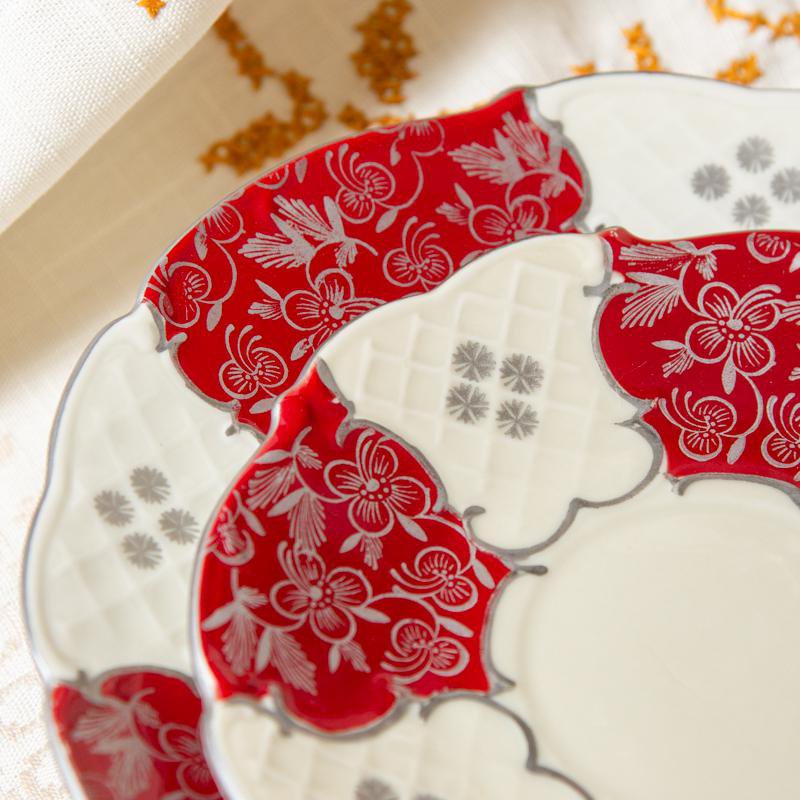 Vintage c.a. 1950s Unmarked Handpainted Floral Shape Red & Ivory Tea Set Trio from Germany (CB058)