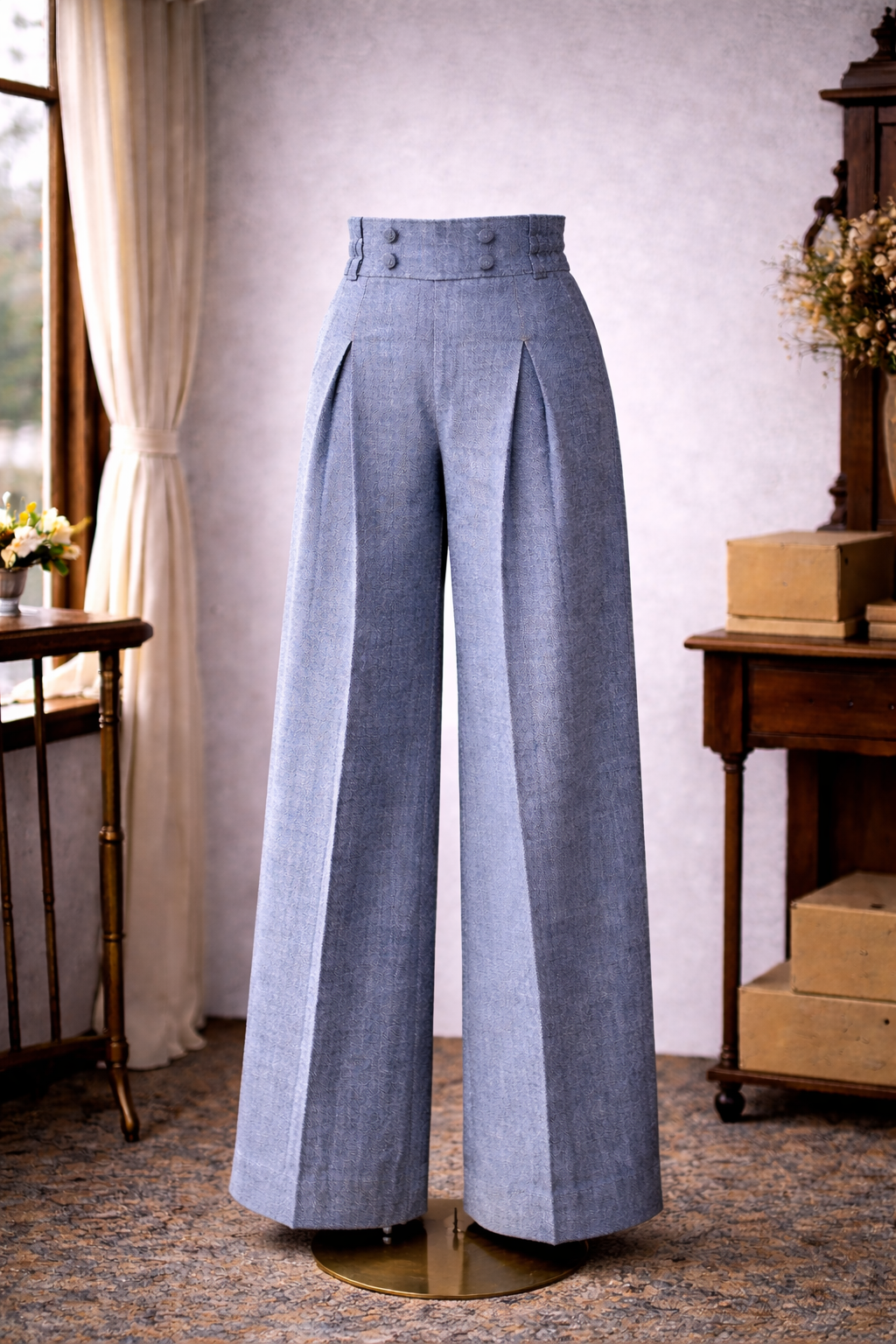 (Custom-Made) Marlene Pants - Chevrons Wide-Legged &High-waisted Pants with Pleat - Available in Different Colours (FM221)
