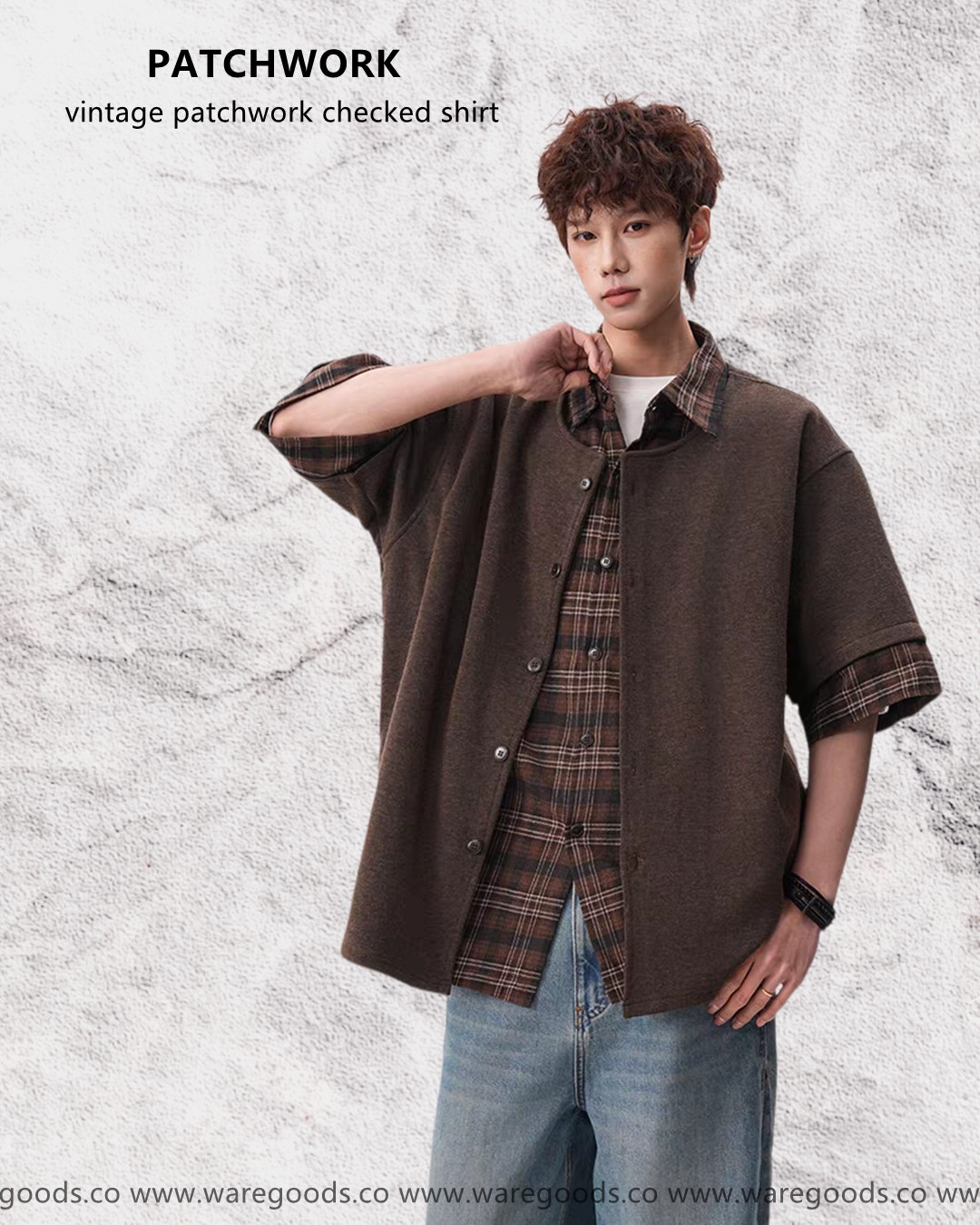 W2712格仔拼接假兩件短袖襯衫