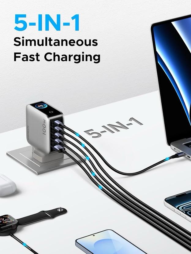 uGreen 100w USB-C 充電器，Nexode Pro 5 連接埠 GaN 快速充電器 X773