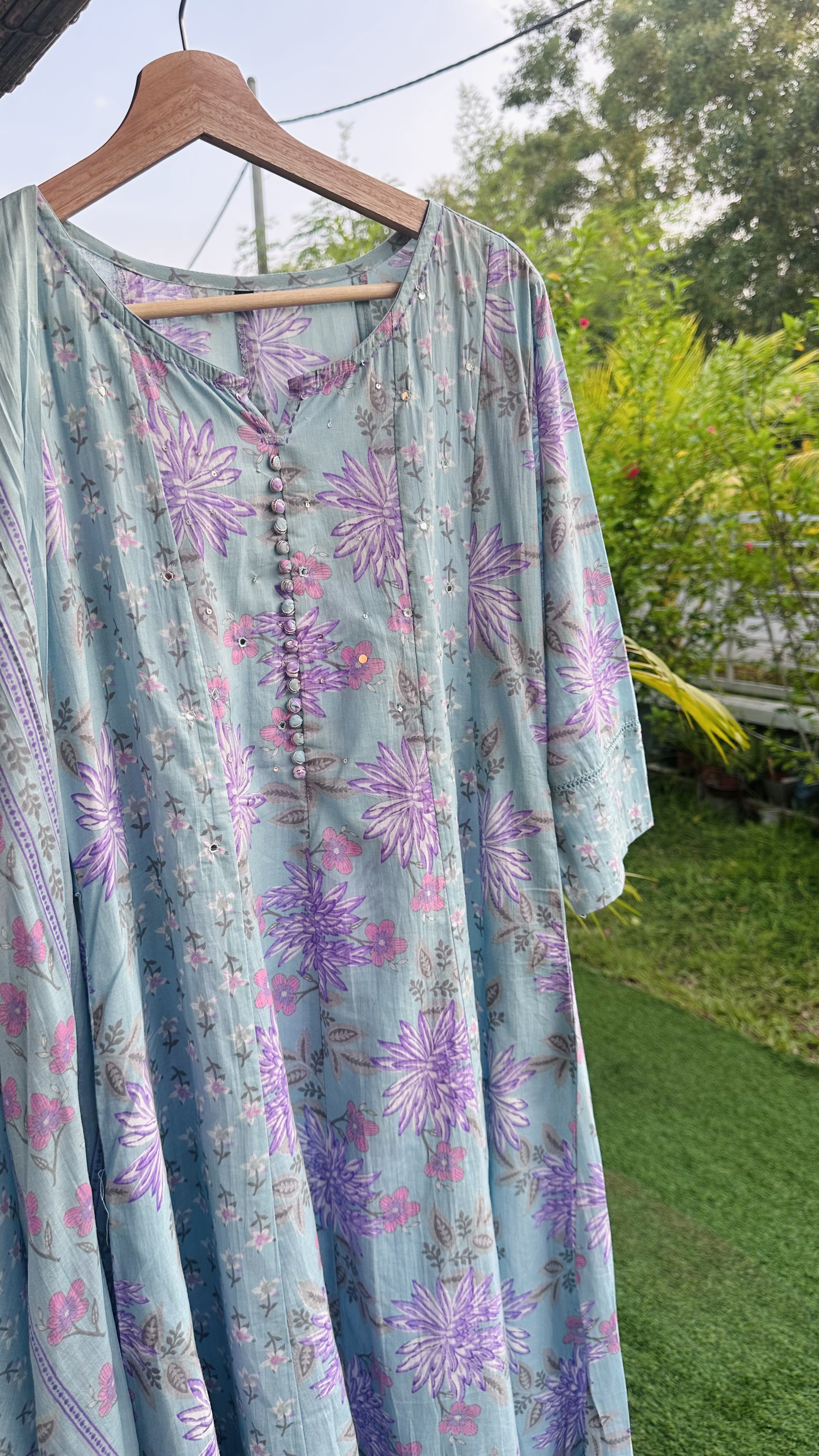 Blue Purple flower Anarkali Kurta Set