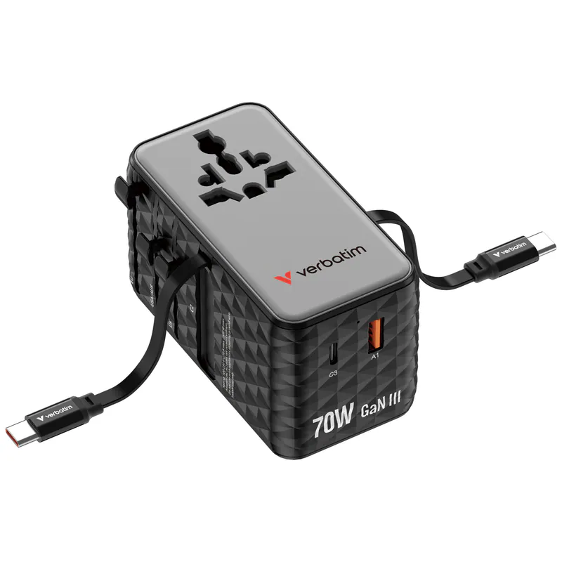 香港行貨 2年保養  Verbatim 威寶 Charge 'n' Travel Diamond 70W 通用旅行轉插(附雙USB-C可伸縮充電線) (CNT-70/2C) 30186