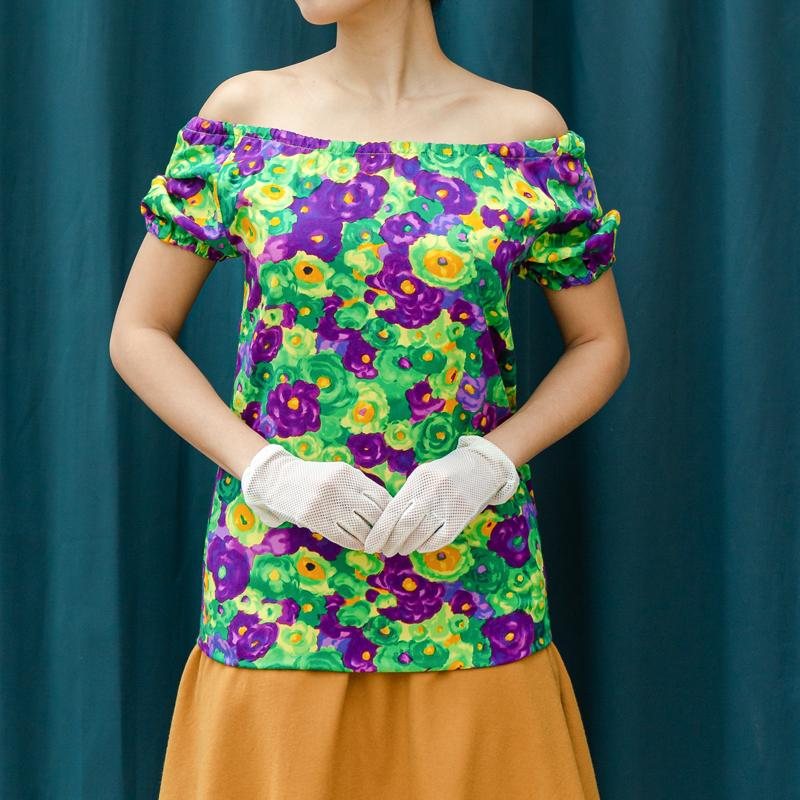 C.a. 1960s Violet & Green Floral Pattern Handmade Two Way Top from Canada(MT1514)