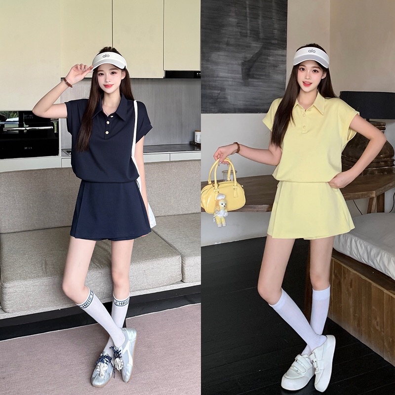B12(317) 韩系时尚甜美减龄POLO领上衣与前裙后裤蓝黄套装