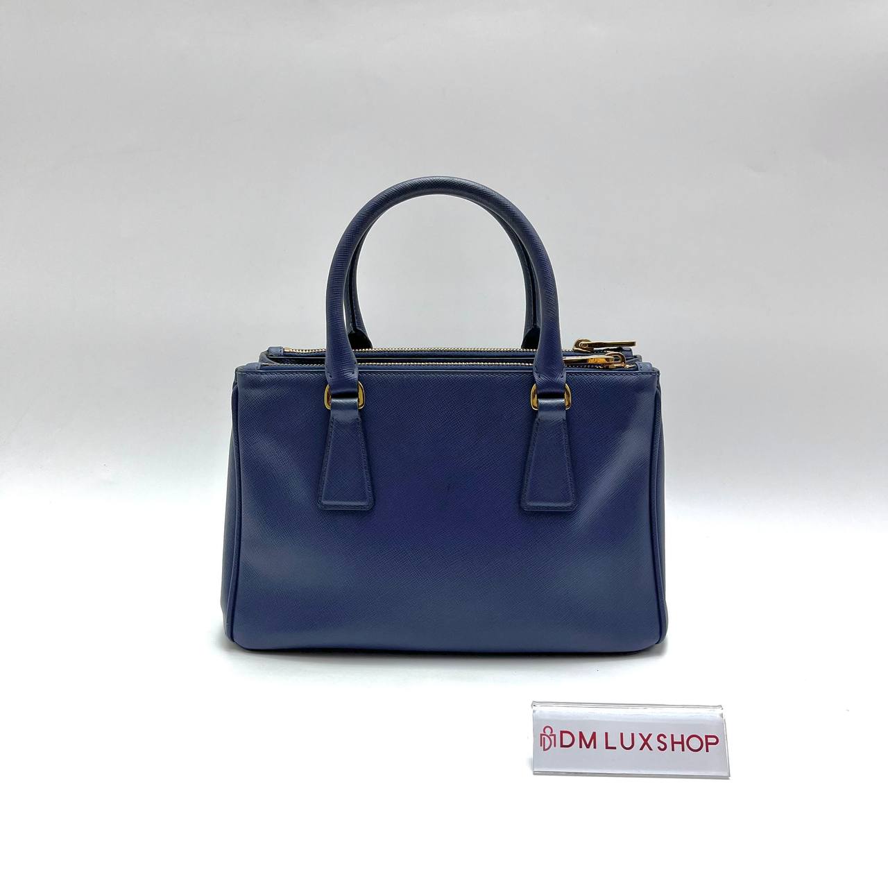 Prada Saffiano Navy Blue Small Double Zip Galleria Lux Tote GHW