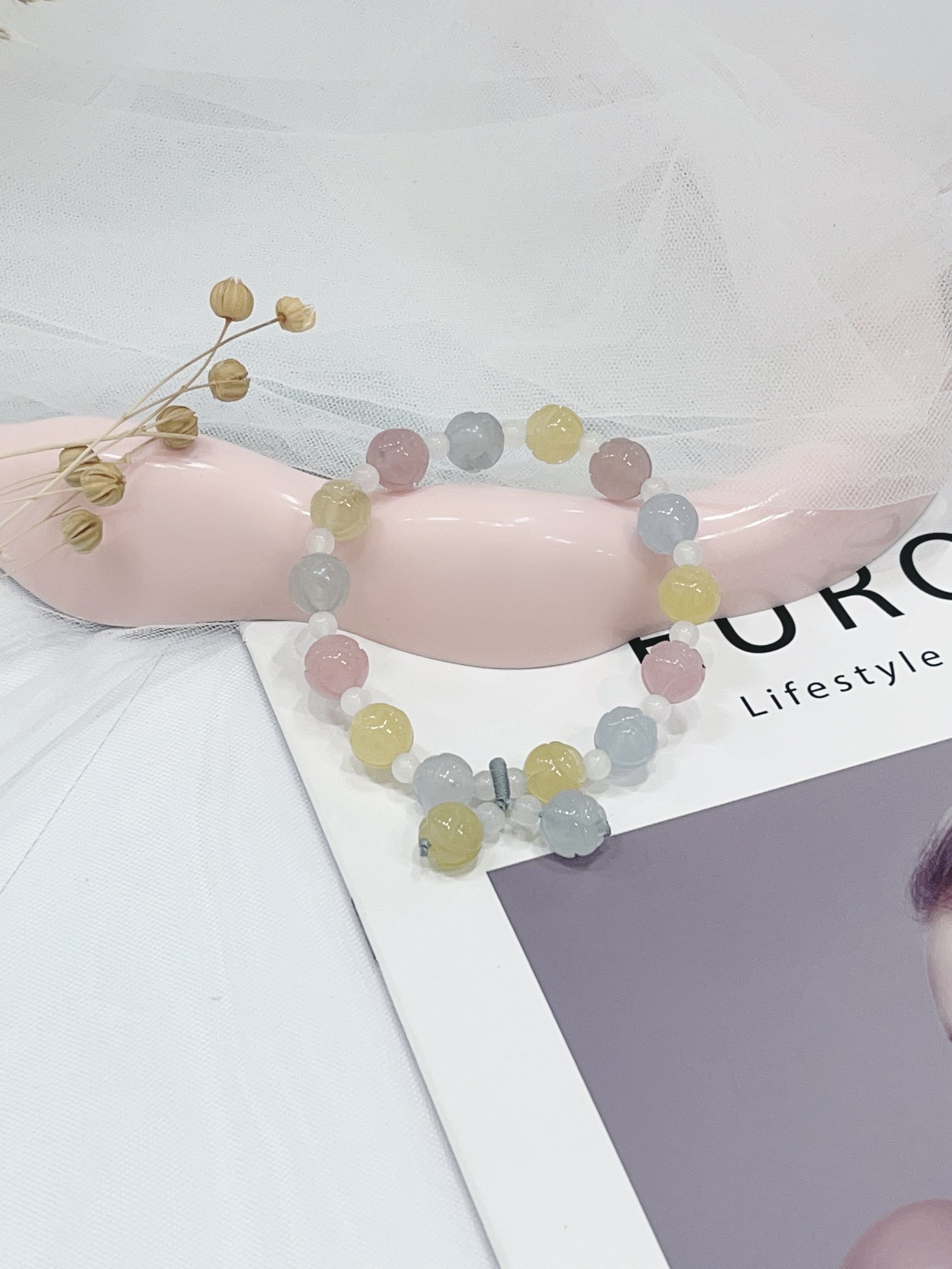 🌸 马卡龙金丝玉莲花手串 Macaron Golden Silk Jade Lotus Bracelet | 9mm