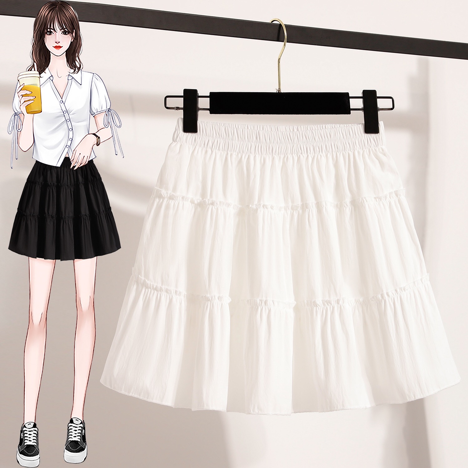 B73(5518) 韩版芭蕾风拼接荷叶蛋糕层黑白短裙 