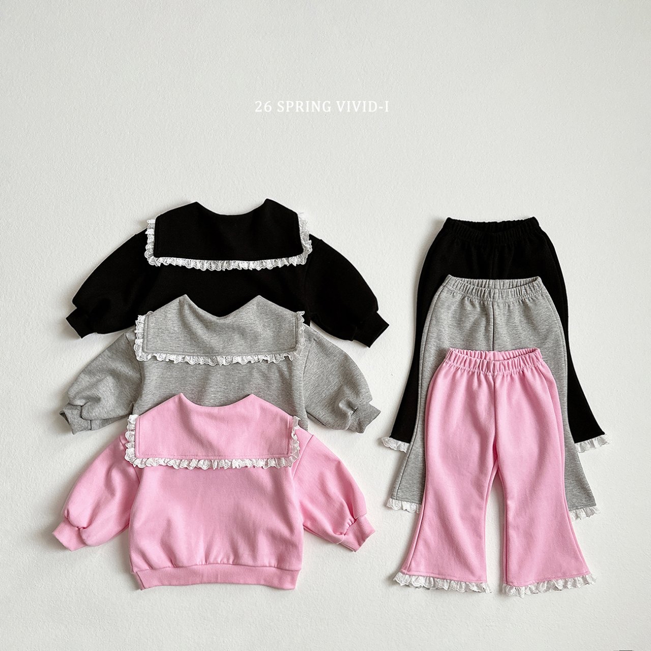 🌸預訂 韓國直送🌸🇰🇷VIVIDI三色蕾絲水手領泡泡袖喇叭褲上下套裝