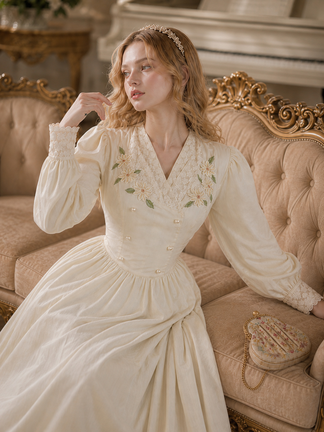 凡爾賽晨光野菊珍珠刺繡連身裙 Versailles Morning Light Daisy & Pearl Embroidered Vintage One-Piece Dress