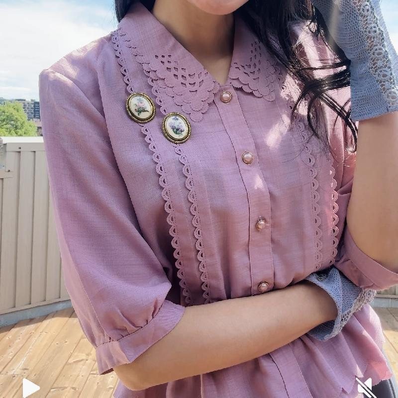 Vintage Japanese Plum Colour Cut-out Pattern Peplum Summer Blouse with Scallop Edge (MT2349)