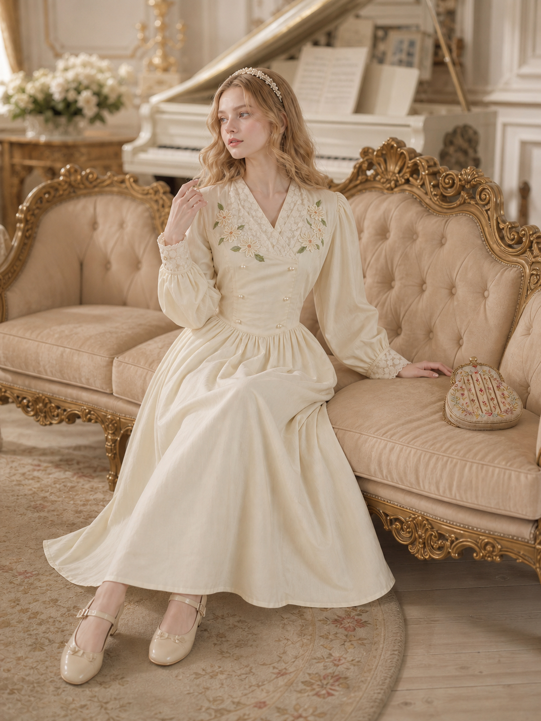 凡爾賽晨光野菊珍珠刺繡連身裙 Versailles Morning Light Daisy & Pearl Embroidered Vintage One-Piece Dress