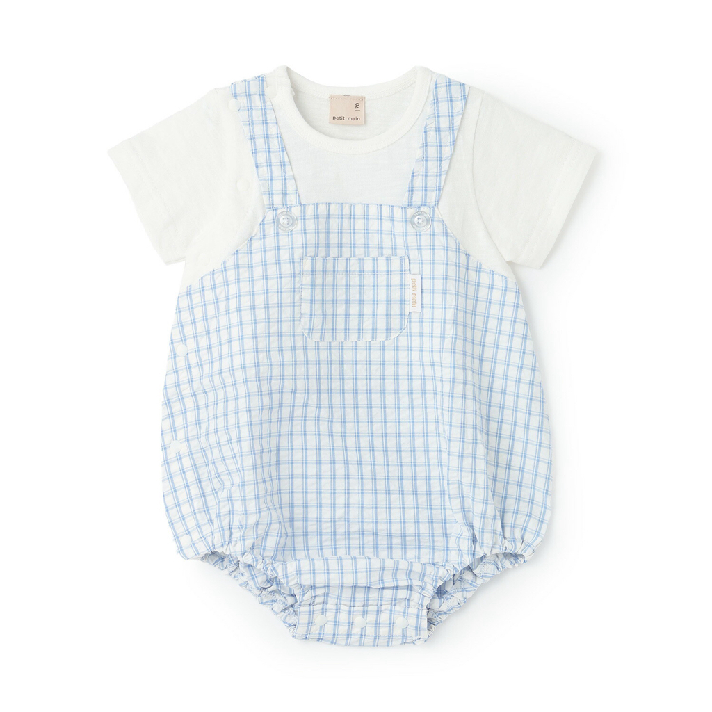 🇯🇵預訂 日本直送🇯🇵Petit Main兩色格紋條紋口袋吊帶短袖包屁衣