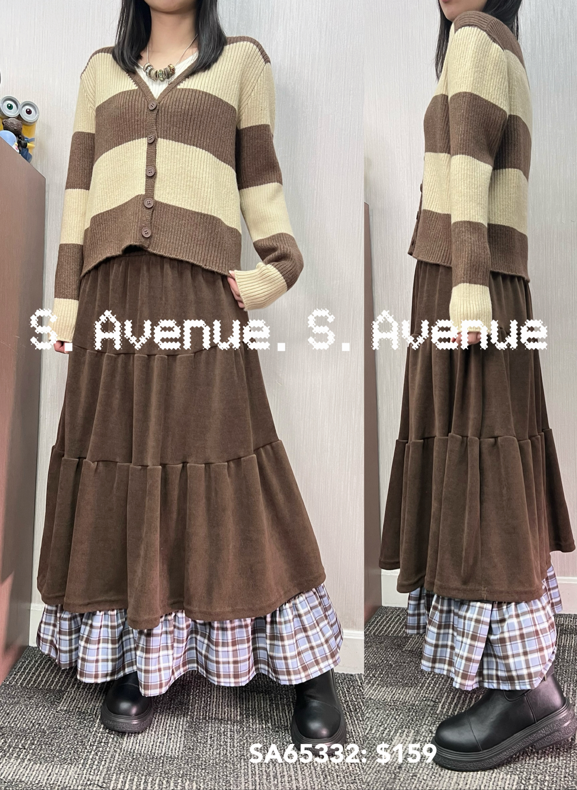 SA65332: 長袖V領有鈕假兩件間條top