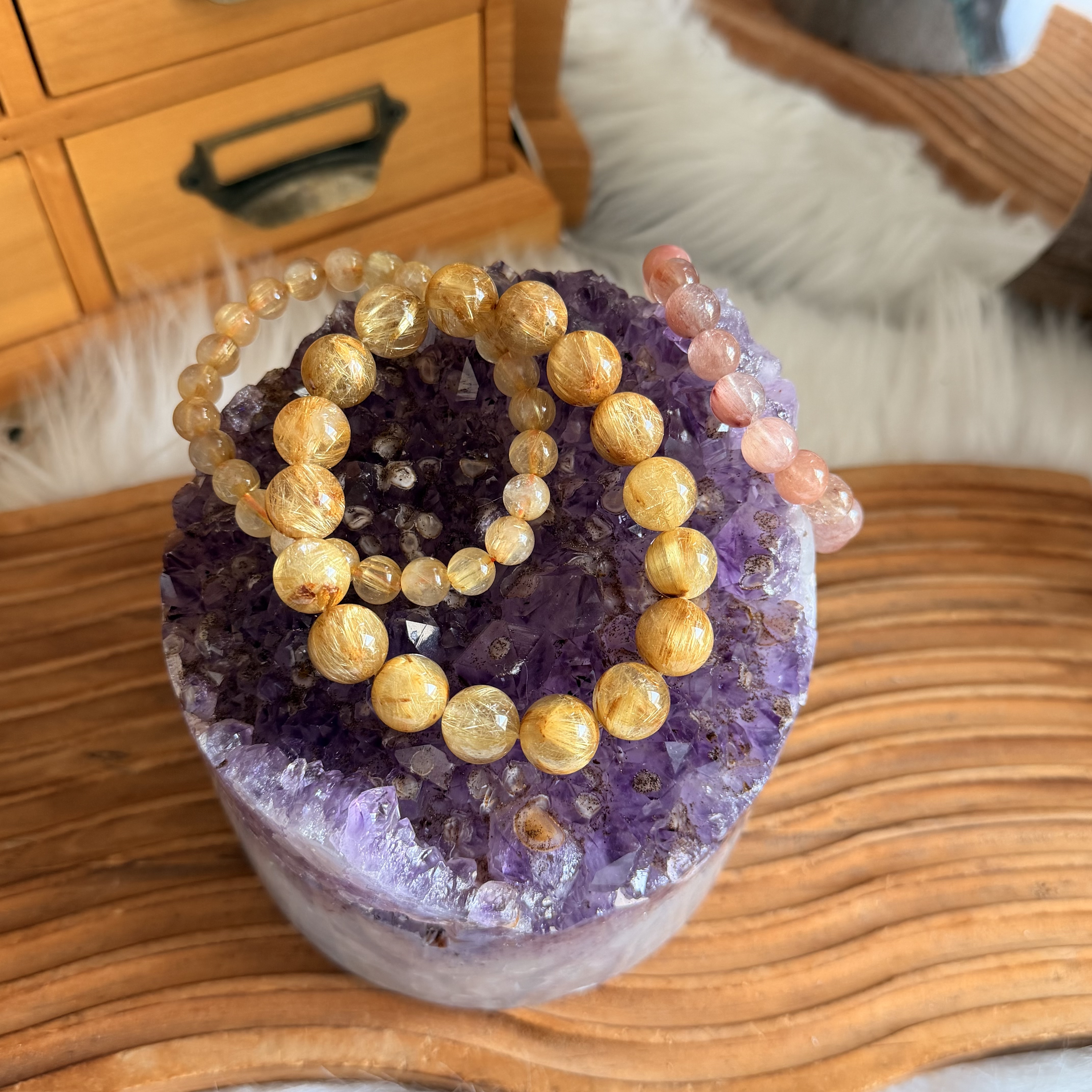 原皮紫晶共生稀有波波鈦晶擺件（包底座）