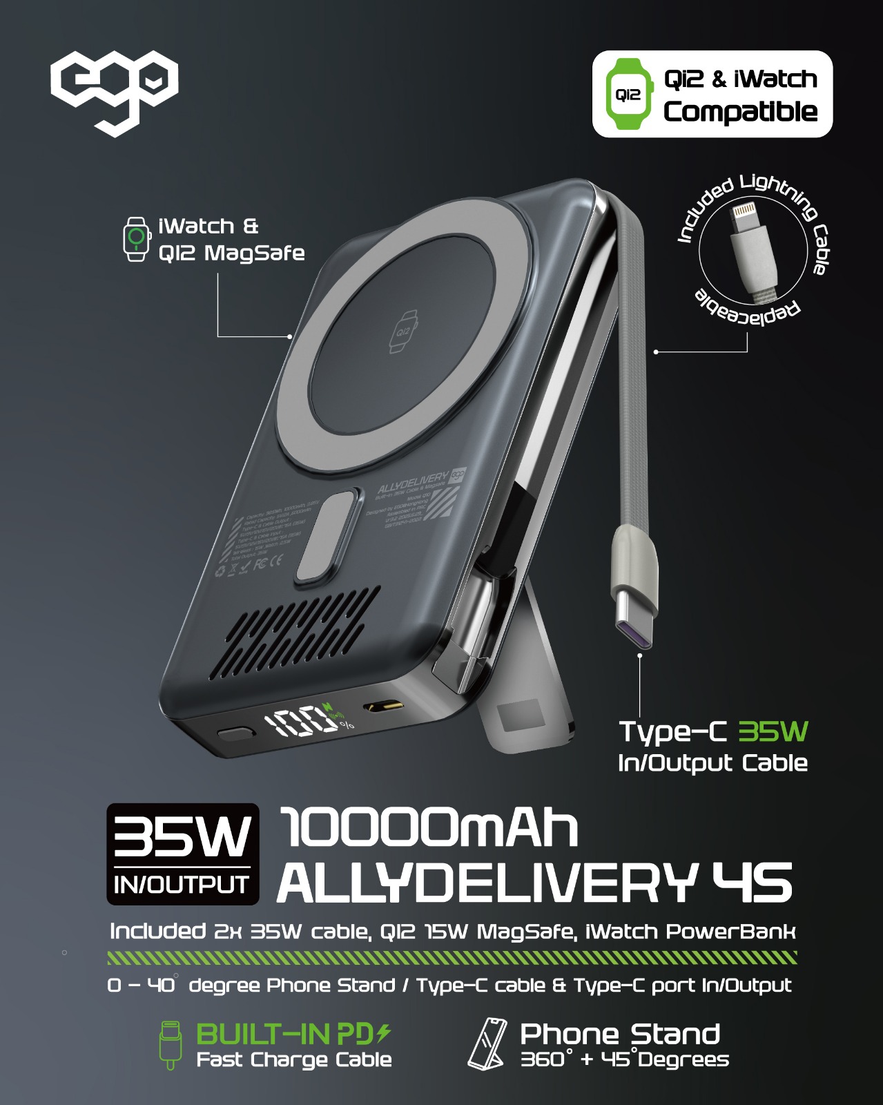 EGO ALLYDELIVERY 4合1多功能10000mAh行動電源：15W Qi無線充電、2.5W Apple Watch充電、35W Type-C雙向快充、CNC金屬支架