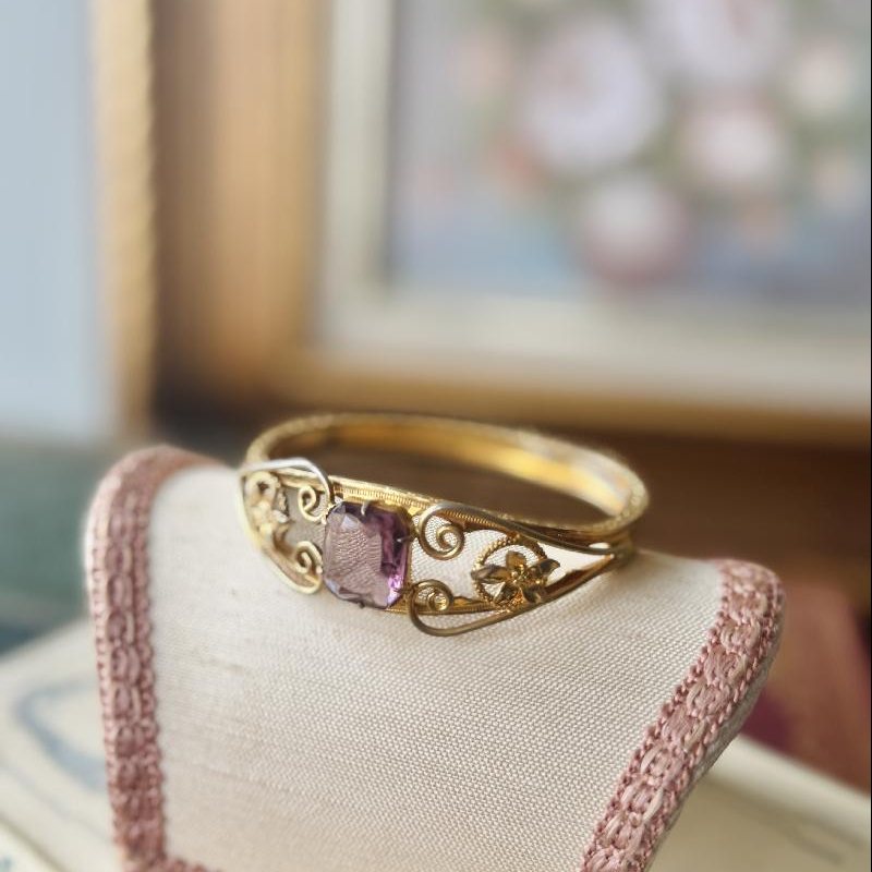 Early 20th Century Gold Filled Faceted Purple Glass Bangle / Hinged Bracelet (MT2307)