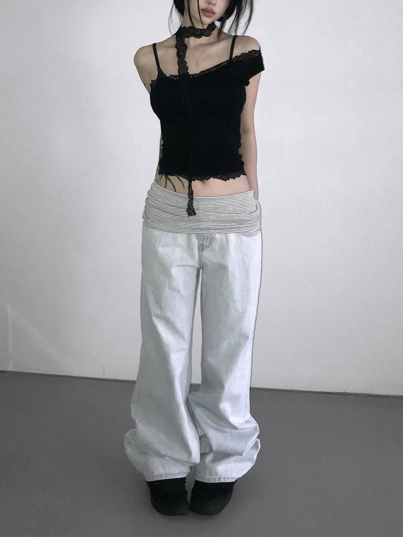 Asymmetrical One-Shoulder Lace Trim Top with Scarf