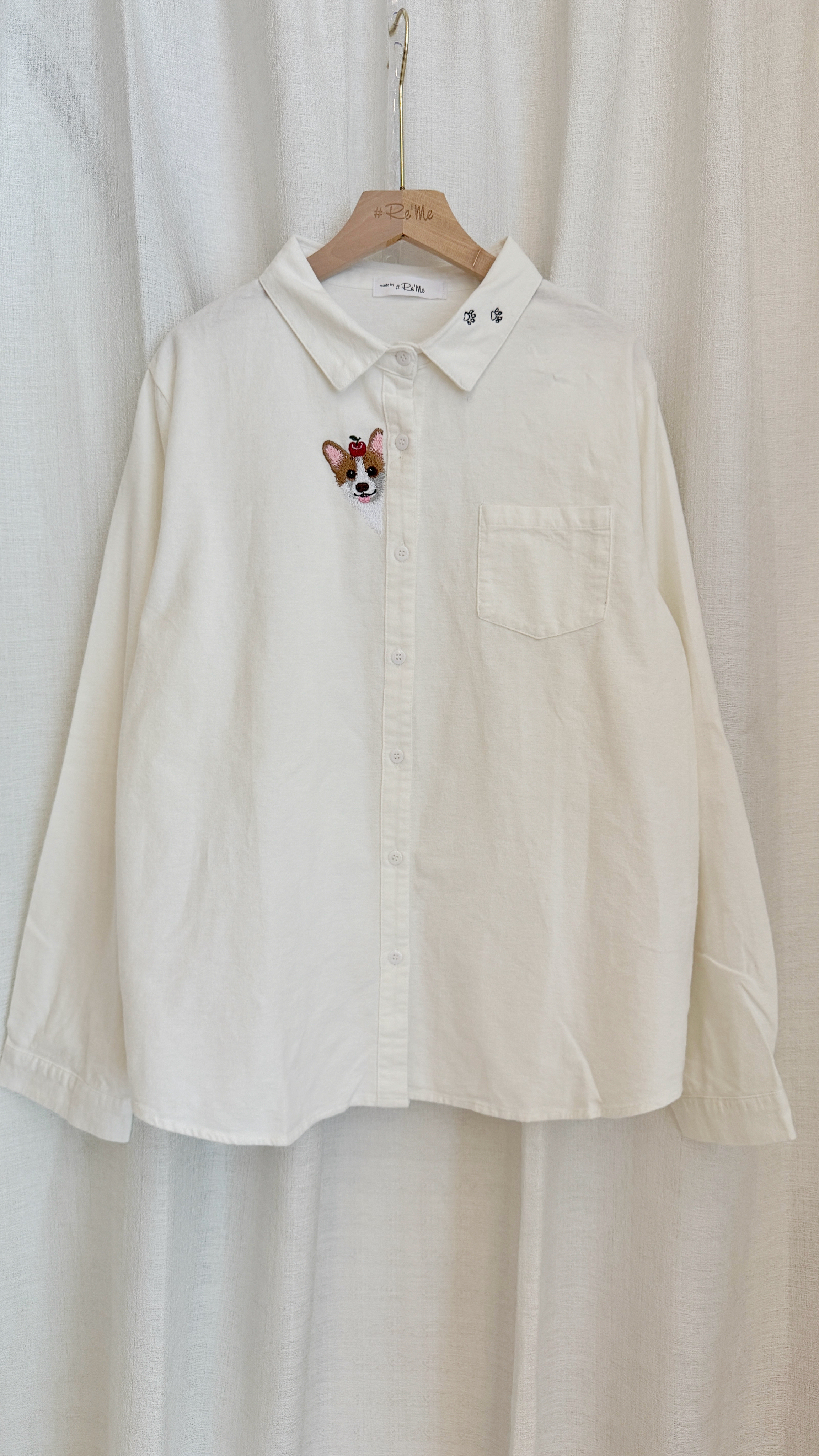   【Re‘Me Embroidery】Peeking Corgi 刺绣磨毛白衬衫