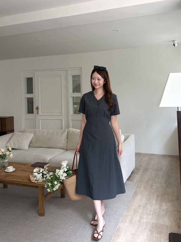 Evie Front Button Dress (Charcoal)