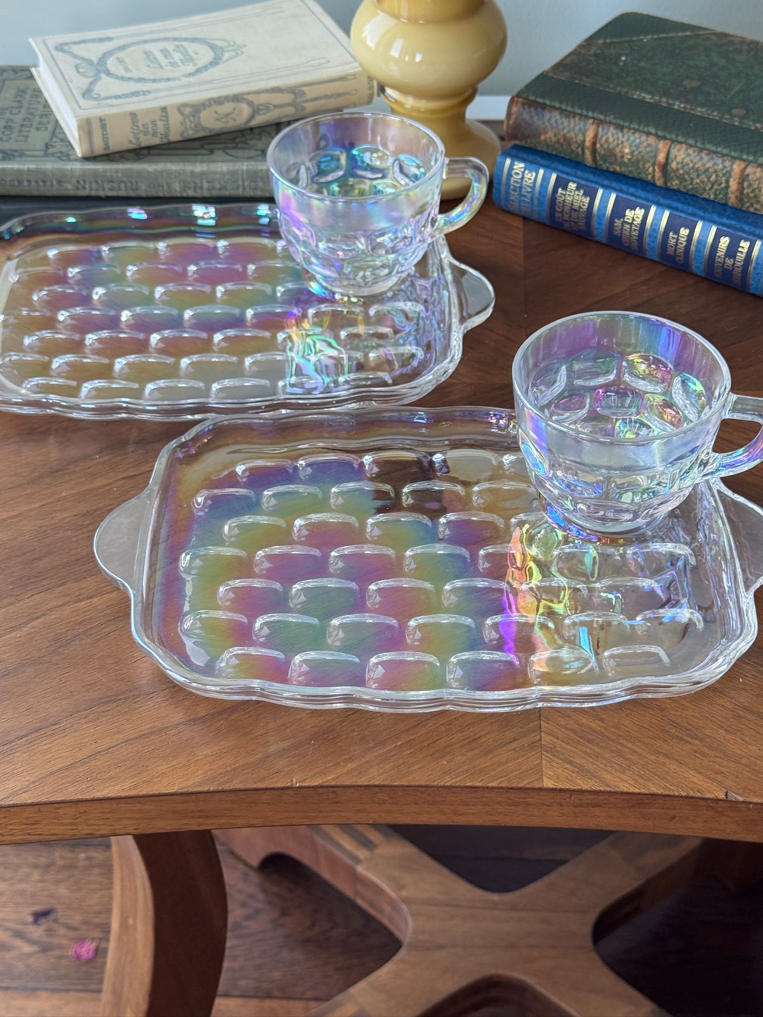 Vintage C.a. 1960s USA Federal Glass Yorktown “Thumbprint” Iridescent Snack Set -2 Sets  (MT2641)
