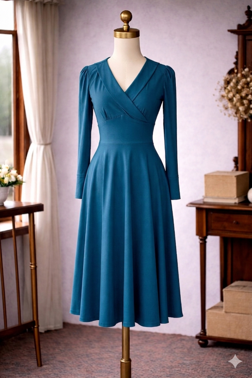 (Ready-Made)1940s War Time Romance Swing Dress-Peacock Blue (FM121)